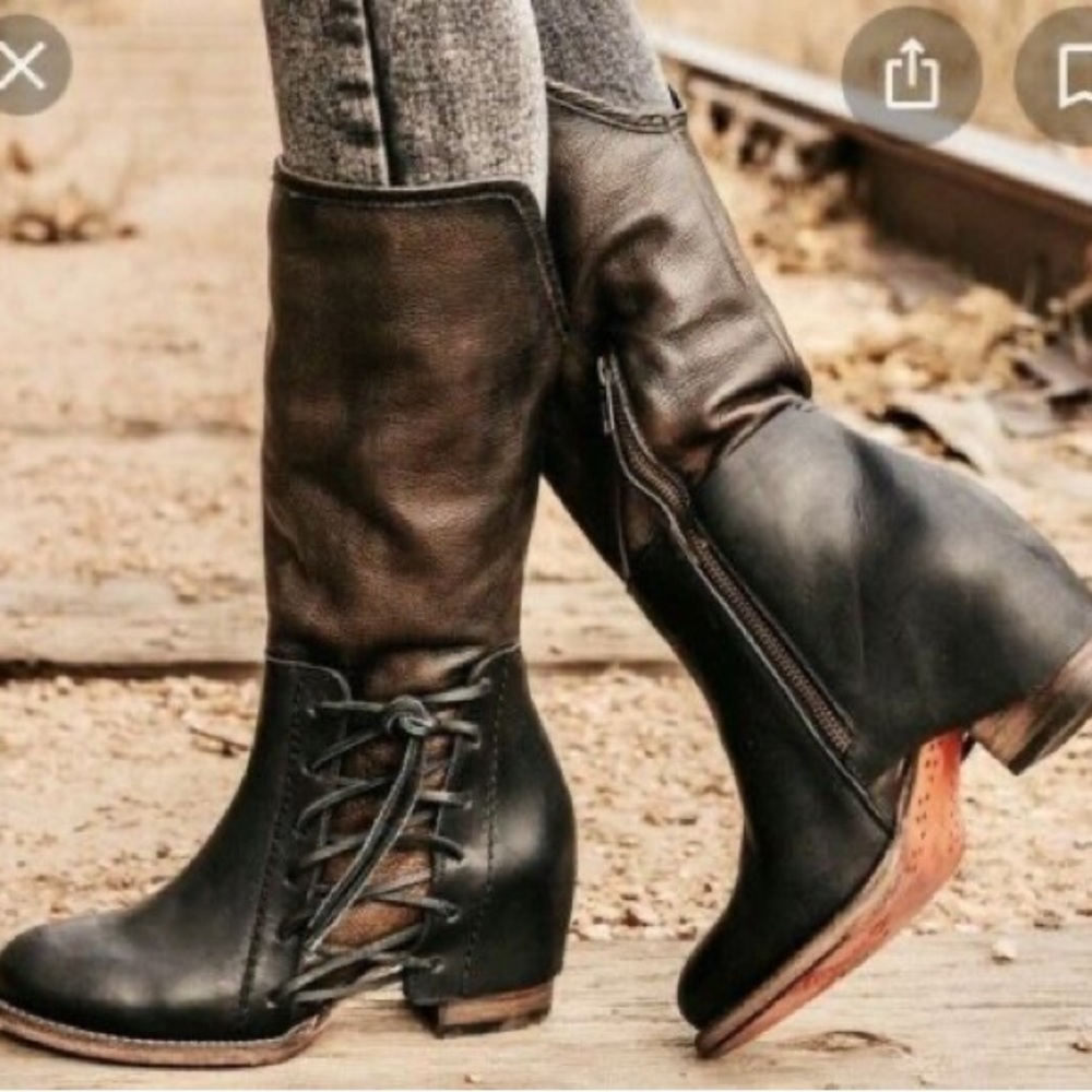 🚫SOLD! |•FREEBIRD🦅BY STEVEN•| Castle Knee High Boots Leather Lace Up Booties - Picture 2 of 16